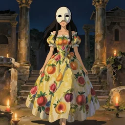 a full body portrait of a young latin woman in a flowery fruit - based dress, wearing a greek mask, night lighting with candles delicate features finely detailed perfect art, at an ancient city, gapmoe yandere grimdark, trending on pixiv fanbox, painted by greg rutkowski makoto shinkai takashi takeuchi studio ghibli