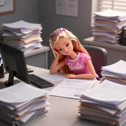 a tired!!!!! and sad!!!!! barbie doll sits at a desk in her office. the desk is overflowing!!! with several large stacks!!! of paper that surround!!! her entirely. her head is resting on her hand, photorealistic,