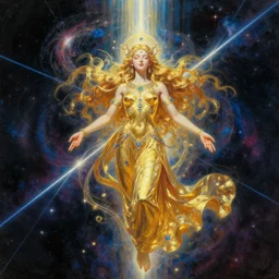 a golden goddess with blue adornments quarter turn figurative anime portrait, in space, transcending to a higher plane, the eternal blessing the holy nexus, in the multiverse, lazer light beaming down to top of her head, tim hildebrandt, wayne barlowe, bruce pennington, donato giancola, larry elmore, masterpiece, trending on artstation, cinematic composition, beautiful lighting, hyper detailed!!!, 8 k, oil on canvas