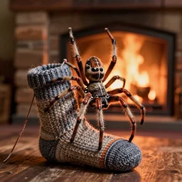 A huntsman spider knitting knitting knitting a sock in front of a cozy fireplace