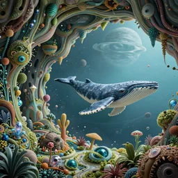 intricate alien ecosystem on a rocky planet, a cave made out of little vegetation and crystals, a whale is flying in the ocean. concept art, intricate details, highly detailed, photorealistic, octane render