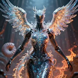 close-up macro portrait of the dark queen, epic angle, epic pose, symmetrical artwork, photorealistic, iridescent, 3d with depth of field, blurred background. cybernetic phoenix bird, translucent dragon, nautilus. energy flows of water and fire. a highly detailed epic cinematic concept art CG render. made in Maya, Blender and Photoshop, octane render, excellent composition, cinematic dystopian brutalist atmosphere, dynamic dramatic cinematic lighting, aesthetic, very inspirational, arthouse