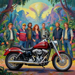 award - winning painting of a harley motorcycle in front of an alien landscape, alien jungle and mountains, colourful, detailed, vivid, in the style of greg rutkowski, diego gisbert llorens, magali villeneuve, artgerm, jeremy lipkin and rob rey