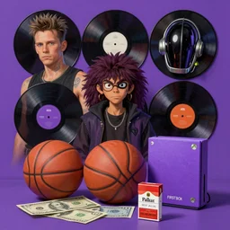 a painting representing, rammstein, gorillaz and daft punk records, from then on a basketball, pot, a thousand peso bill, a pallmall new iceberg cigarette box, an the first xbox, purple colors, setting, ghibli, unreal 5, daz, hyperrealistic, octane render, rpg portrait, dynamic lighting, epic anime, epic
