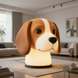 a large lamp shaped as 3d beagle head, placed in a large living room, art designers magazine HD photo superrealism 3d 8k resolution