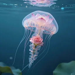 lotus swimming underwater like a jellyfish, transperent jellyfish head covers with the lotus, rose as tentacles, photographic, cinematic, photorealistic, volumetric lighting, detailed, smooth, art - station, octane render, wolp