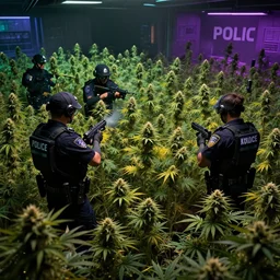 K9 police squad raiding a dense cannabis plant, futuristic, wide shot, dim colors, green yellow purple color palette, ambient lighting, dynamic lighting, cyperpunk art, trending on artstation, 4K, HQ