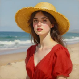 beautiful oil matte portrait painting, young woman with red dress and mustard yellow summer hat at a beach on a sunny day, wonderful masterpiece highly detailed, beautiful cinematic light deep focus, elegant, digital painting, smooth, sharp focus, golden ratio, dramatic illumination, ultra realistic, 8 k, art by jenny saville