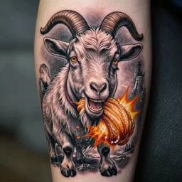 a tattoo of billy the Disney goat with an explosive churro in their mouth