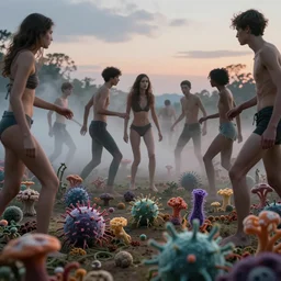 a horde of skinny male and female super models fighting in an bacterial and fungal biodiversities landscape, dusk light, atmospheric dusk and vapour swirl, full colour, hyper realistic photo, chiaroscuro, shallow depth of field, volumetric lighting, upscale, 8 k, masterpiece,
