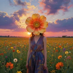 woman with big flower face, standing in flower field, surreal photography, sunrise dramatic light, impressionistic painting, colorful clouds, artstation, dali, simon stalenhag