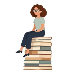 a woman with curly brown hair and rectangular, thin - framed glasses sits on top of a tall pile of books. clean cel shaded vector art. shutterstock. behance hd by lois van baarle, artgerm, helen huang, by makoto shinkai and ilya kuvshinov, rossdraws, illustration, art by ilya kuvshinov