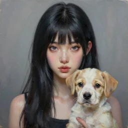 a painting of xyremm trending on artstation in the style of greg rutkowski, wlop, oil on canvas, feminine, beautiful, portrait, puppy, black hair, 3 d, realistic, cyberpunk
