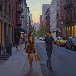 a matte painting of nyc streets of soho in the summer, matte painting, dusk, fashion, by rozalski and peter ilsted, artstation