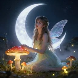 attractive, fairy, in the night, fantasy, crescent moon in background, luminous, toadstools, fireflies, fantasy, highly detailed painting, mid shot, 8 k realistic, fantasy, mist, sharp focus