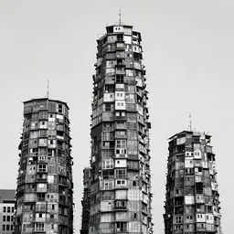high towers made up of makeshift squatter shacks, mamiya, 8 5 mm, uniform plain sky, fine details, photographed by hiroshi sugimoto