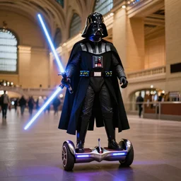 a photorealistic photograph of darth vader riding a hoverboard through grand central station. he has a ed lightsaber. illuminated scene. fine detail. this 4 k hd image is trending on artstation, featured on behance, well - rendered, extra crisp, features intricate detail, epic composition and the style of unreal engine.