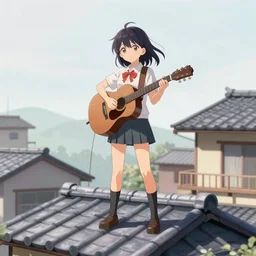anime girl stands on the roof of a japanese house and plays the guitar against the sunset, back view, pencil