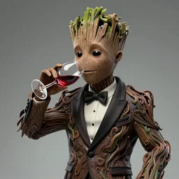 realistic groot as a gentleman wearing tuxedo drinking wine, digital art, trending on artstation, behance, octane, intricate, ornate, photorealistic, hyper realism, high detail, movie shot, studio lighting, 8 k, vivid colors, smooth gradients, cinematic