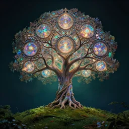 magical chromatic glowing tree of life in a hill, centralized, ethereal, rich, fantasy, smooth, sharp focus, high detailed digital art, ultra wide shot, lush colors, by artgerm and alex grey and wes anderson and spike jonze, highly realistic, exquisite ornate metal gothic icon heavy patina, delicate