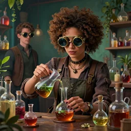 a beautiful stunning interesting photorealistic digital illustration of a woman wearing steampunk safety goggles while mixing potions, in a potion shoppe, colorful bottles and plants, awesome and moody afrofuturism by marc poole and tyler edlin