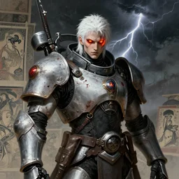 portrait of gothic and futuristic young man, warhammer, cyber armor, a lot of scars, thunderstorm, white head, fire eyes, the middle ages, highly detailed, artstation, in the style of moebius, jugendstil and classic japanese print, art by rene magritte and jean delville