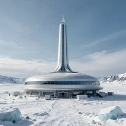 scientific base in the ice. research center in the snow, landscape, cinematic view, epic sky, detailed, concept art, low angle, high detail, warm lighting, volumetric, godrays, vivid, beautiful, trending on artstation, by jordan grimmer, huge scene, grass, art greg rutkowski