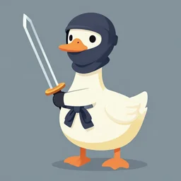 duck dressed as a ninja with a sword, flat art, detailed, clear edges, pastel shades, realistic