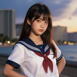 Brazilian Japanese teen female wearing a navy and white Japanese kawaii school uniform, posing in Waikiki, sigma female, portrait art by alphonse mucha and greg rutkowski, highly detailed, digital painting, concept art, illustration, dim lighting with twilight rays of sunlight, trending on artstation, very detailed, smooth, sharp focus, octane render, close up
