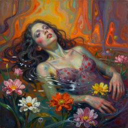 a beautiful creature drowning in flowers, blurred, grotesque, doomed, neural acrylic paint, high resolution, gouache on canvas, ultra detailed, vibrant colors, grotesque, wrapped thermal background, slimey, high resolution, cinematic, unreal 6, art by francis bacon, beksinski painting