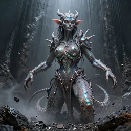 pearlescent lilith the mother of all monsters, covered in iridescent glitter, raining ash, fine art masterpiece, highly detailed dino valls wayne barlowe machiej kuciara, dramatic lighting, long shot, low angle, uhd 8 k, sharp focus