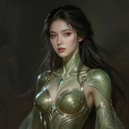 beautiful young woman alien in ethereal armor, in olive skin, in long dark hair, intricate, elegant, digital painting, concept art, smooth, sharp focus, illustration, by valerian and the city of a thousand planets, y ruan jia and mandy jurgens and artgerm and william - adolphe bouguerea