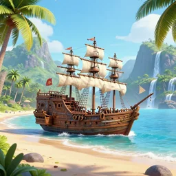 a old pirate ship viewed from a tropical beach, mountains, waterfalls, palms, volumetric lighthing