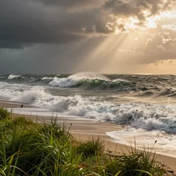 storm waves hitting the shore, detailed, concept art, high detail, warm lighting, volumetric, godrays, vivid, beautiful, trending on artstation, by jordan grimmer, huge scene, grass, art greg rutkowski