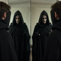 a politician looking in the mirror, reflection of the grim reaper in a cape, beksinski, dariusz zawadzki, symmetrical, very coherent symmetrical artwork, cinematic, hyper realism, high detail, octane render, 8 k