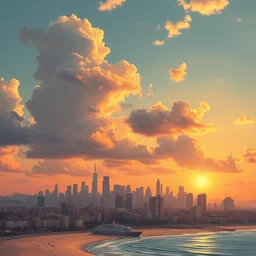 a large city, clouds, sun set, near the beach by mc escher, colorized by... ross