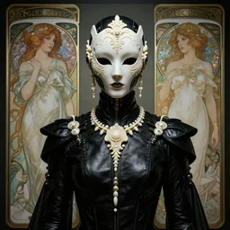 a cyborg with mask, black leather garment with art nouveau ivory accessories, cyberpunk, darksynth, luxury, concept art by james jean, extremely detailed, ominous, ethereal, artstation, andree wallin, edvige faini, balaskas, alphonse mucha, 8 k, unreal engine 5