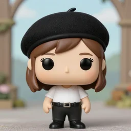 Elmiira; funko pop of girl with short brown hair, wearing a black beret; white shirt; fantasy, funko pop