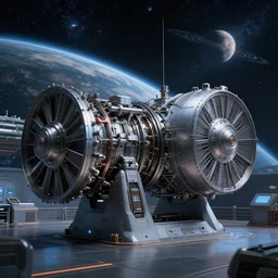 engine room on a starship,, star - field and planet in the background, engine room, digital art, highly detailed, trending on artstation, octane render sci - fi