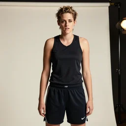 black kristen stewart as a 6'4 inch tall female basketball player, studio lighting, hyperreal, soft focus
