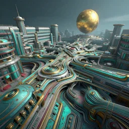 abstract intertwining hyper detailed hardsurface modelled 3 d geometry, in the distance is a tarnished gold sphere, depth, wide angle, insanely detailed and intricate,, teal, gold, silver red, paradise hospital environment unreal engine