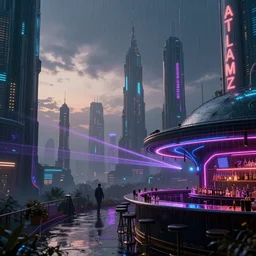 landscape by peter zumthor, at dawn postcyberpunk fantasy scumm bar atlantis neon signs rain night myst laser synthwave elysian universe galactic liberty city, archdaily, wallpaper, highly detailed, trending on artstation.