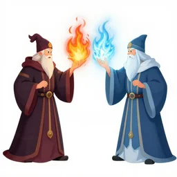 two grand old wizards having an epic duel, fire vs ice.