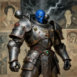composition of gothic and futuristic, warhammer, cyber japanese style armor, more and more scars, thunderstorm, blue head, earth eyes, some green and orange, the middle ages, highly detailed, artstation, in the style of moebius, jugendstil and classic japanese print, art by rene magritte and jean delville