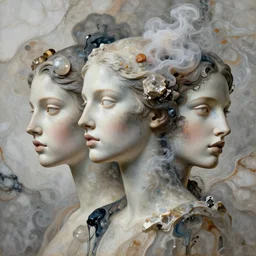 3 d abstract head shot intricate portrait of the beautiful three supermodel females face silhouette mixed with liquid acrylic paint and smoke, intricate clouds, elegant, abstract art, giant minerals, quartz and giant abstract marble painting, masterpiece of renaissance sculpture. highly detailed. concept art, matte painting. epic. octane render, excellent composition, venetian masterpiece by wlop, tooth wu, greg rutkowski, beep
