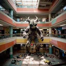 CCTV footage of a creature in an abandoned 80s colorful mall, found footage, grainy