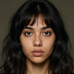 a light brown - skinned young woman with wavy black hair and bangs, big protruding brown eyes, big snub nose, big mouth and round face as a dnd witch, closeup portrait by gaston bussiere, j. c. leyendecker, craig mullins, symmetry!!, realistic face