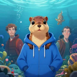 portrait of the The jovial Water Squirrel Mage Wearing a blue Hoodie Under the sea Mark Riddick craig j. spearing Alexey Egorov Inio Asano