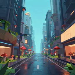 low poly cyberpunk city, wet roads, low camera angle, mushrooms growing everywhere on the streets