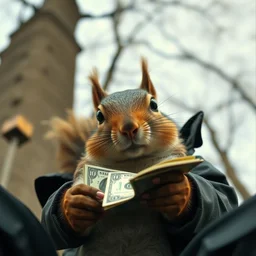 film still, gangster squirrel counting his money, low angle, shot from below, worms eye view